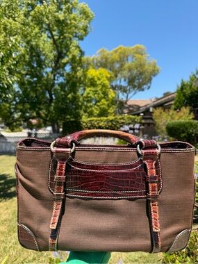 Celine Brown Canvas Handbag with Burgundy Croc-Embossed Trim